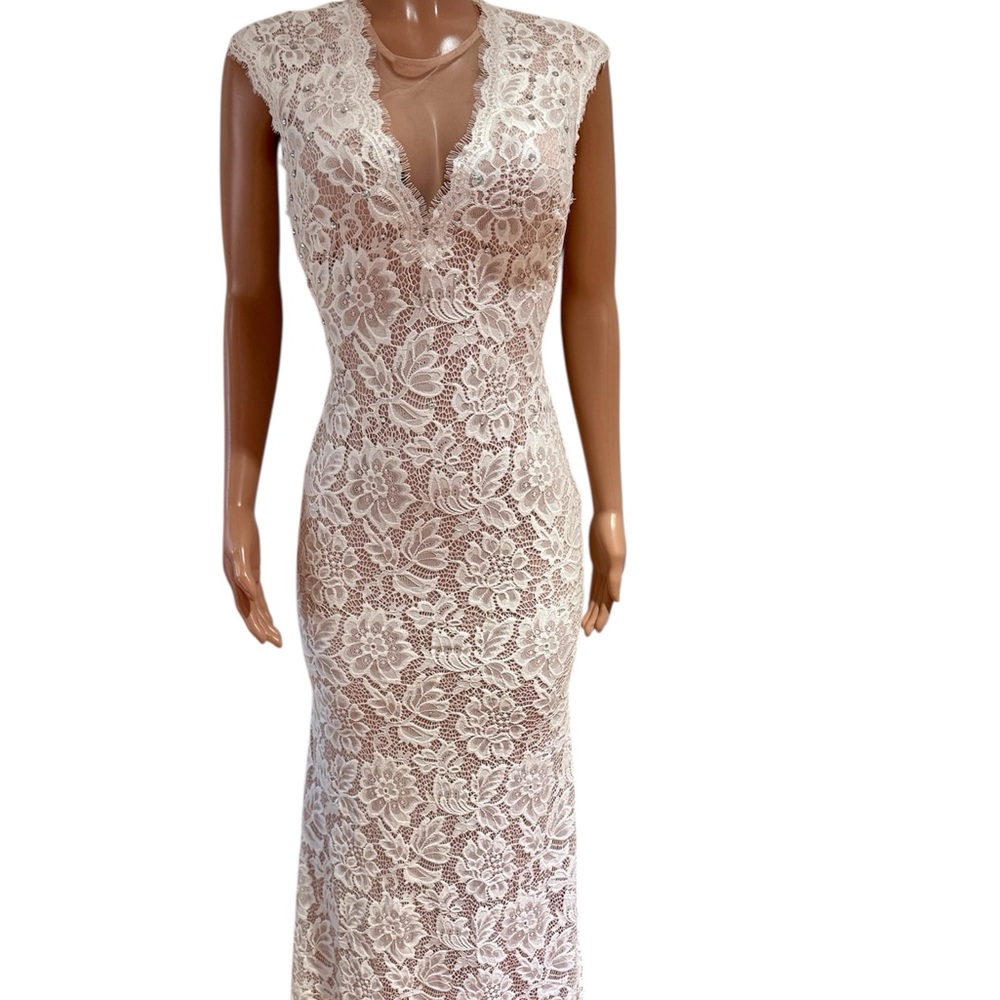 Betsy & Adam Cream Sheath Wedding Dress with Plunge Neckline